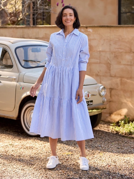Maye Dresses & Skirts - Maye Jasmine Shirt Blue and White Striped Collared Tiered Midi Dress 100% Cotton